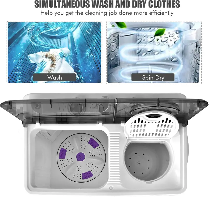COSTWAY Double-Tub Portable Washer – 26-Lb Total Capacity (18-Lb Wash + 8-Lb Spin), Timer Knob & Built-in Drain Pump for Small Spaces