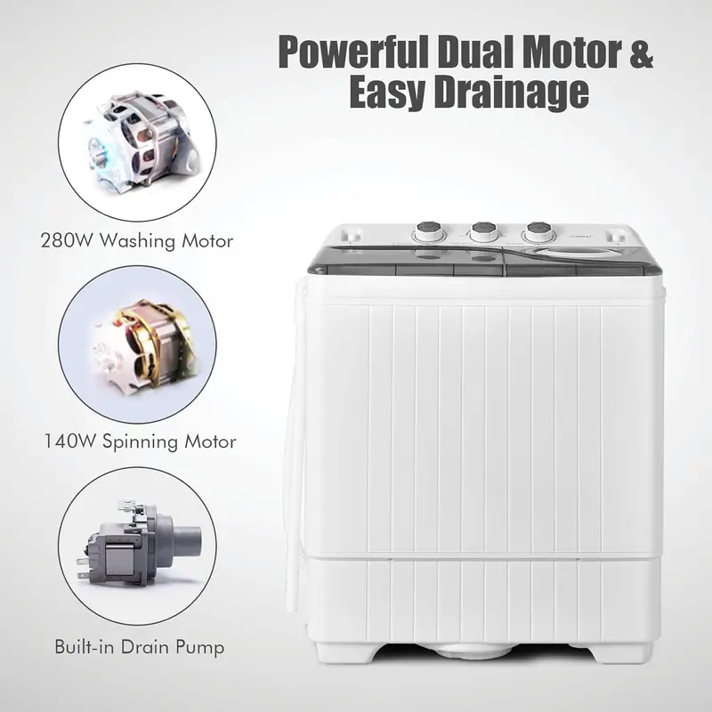 COSTWAY Double-Tub Portable Washer – 26-Lb Total Capacity (18-Lb Wash + 8-Lb Spin), Timer Knob & Built-in Drain Pump for Small Spaces
