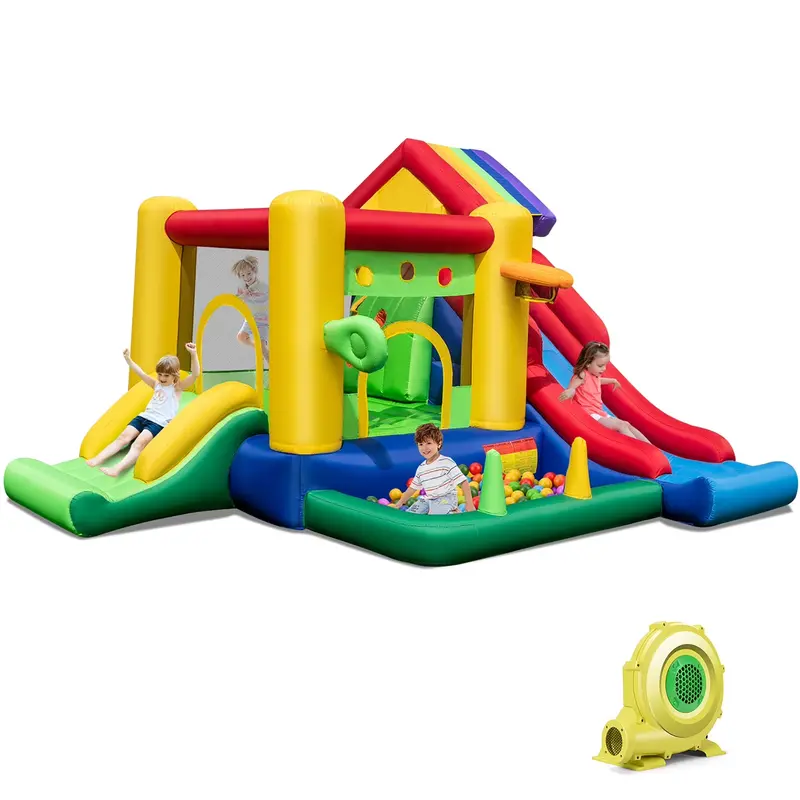 Costway Rainbow Inflatable Bounce House – Kids’ Play Castle with 50 Ocean Balls & 735W Blower