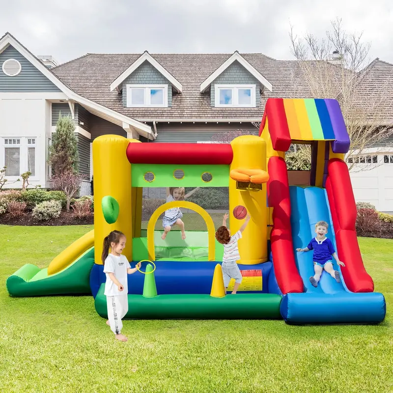 Costway Rainbow Inflatable Bounce House – Kids’ Play Castle with 50 Ocean Balls & 735W Blower 2