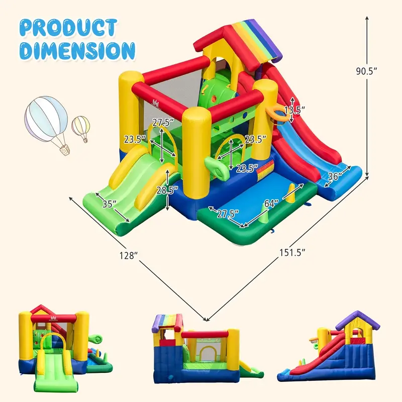 Costway Rainbow Inflatable Bounce House – Kids’ Play Castle with 50 Ocean Balls & 735W Blower