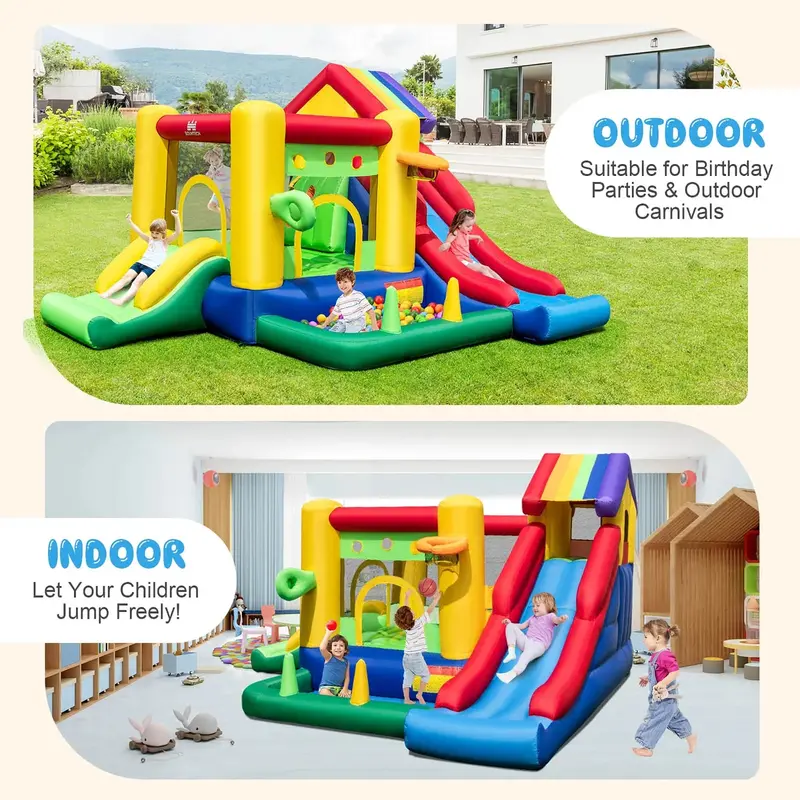 Costway Rainbow Inflatable Bounce House – Kids’ Play Castle with 50 Ocean Balls & 735W Blower
