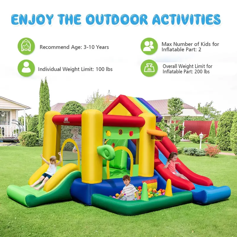 Costway Rainbow Inflatable Bounce House – Kids’ Play Castle with 50 Ocean Balls & 735W Blower