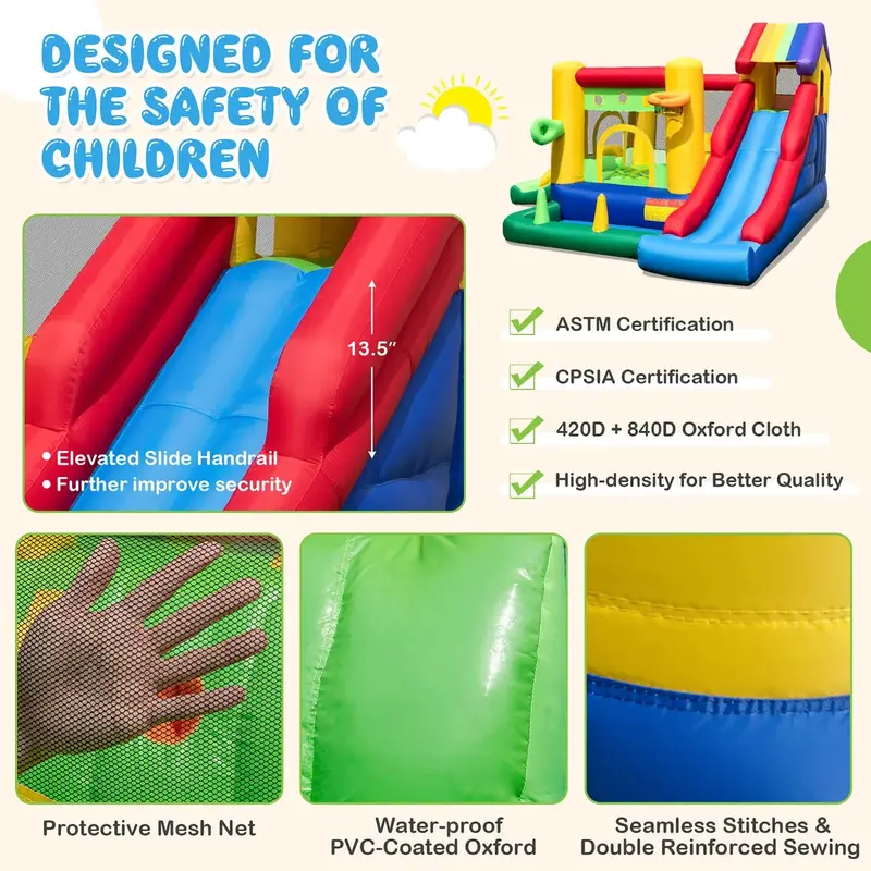 Costway Rainbow Inflatable Bounce House – Kids’ Play Castle with 50 Ocean Balls & 735W Blower