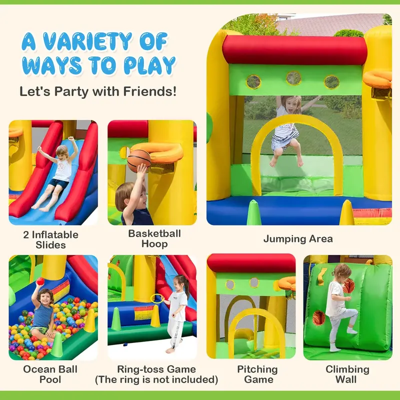Costway Rainbow Inflatable Bounce House – Kids’ Play Castle with 50 Ocean Balls & 735W Blower