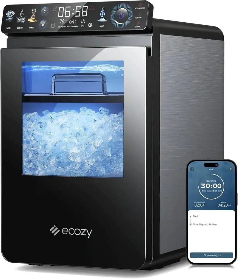 Countertop Nugget Ice Maker – 44 lbs/Day Smart Pebble Ice Machine, APP-Controlled, Self-Cleaning, Stainless Steel Finish