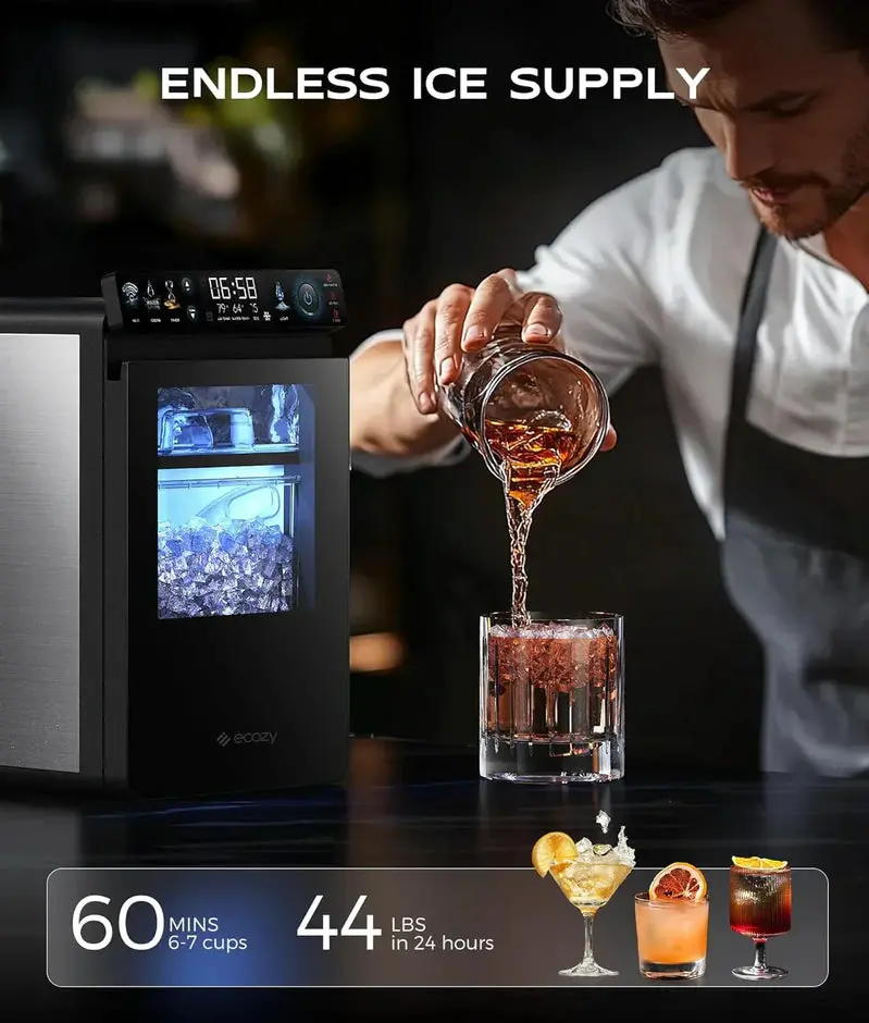 Countertop Nugget Ice Maker – 44 lbs/Day Smart Pebble Ice Machine, APP-Controlled, Self-Cleaning, Stainless Steel Finish