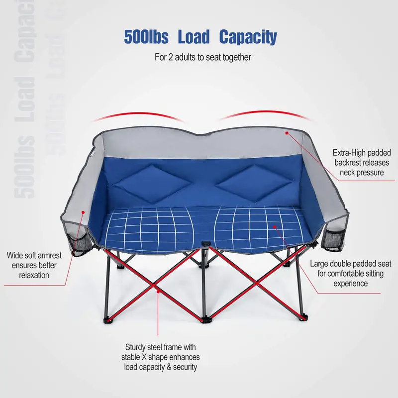 Couples Folding Loveseat Chair – Double-Seater Camping Chair with Padded High Back and Carry Storage Bags