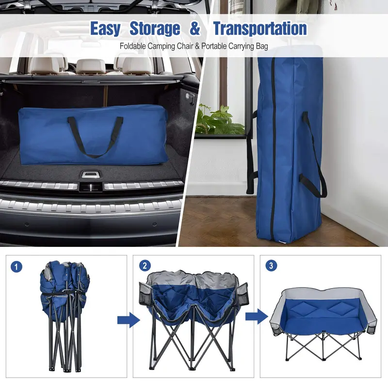 Couples Folding Loveseat Chair – Double-Seater Camping Chair with Padded High Back and Carry Storage Bags