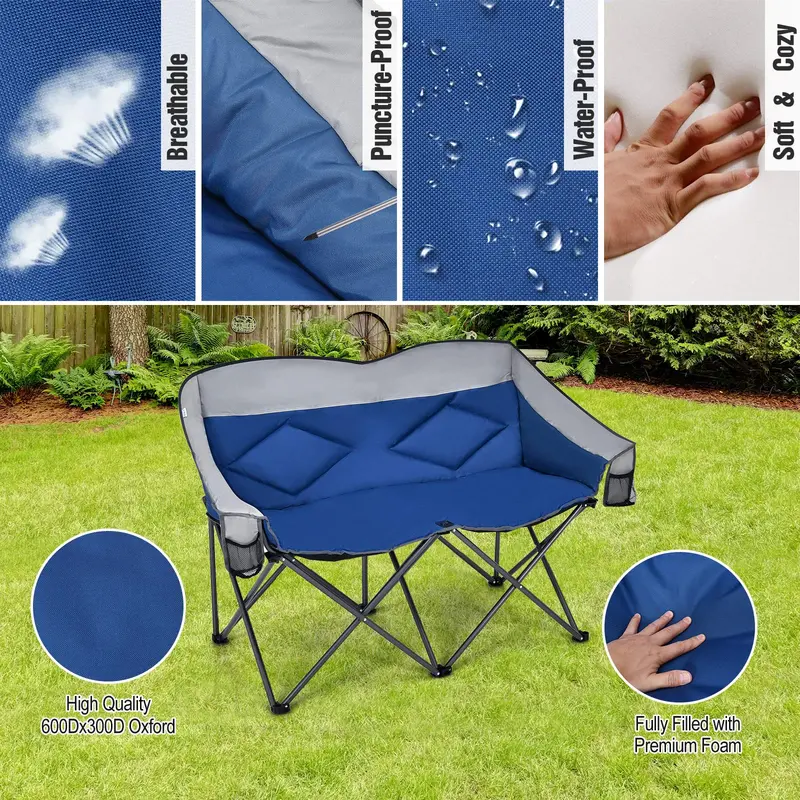 Couples Folding Loveseat Chair – Double-Seater Camping Chair with Padded High Back and Carry Storage Bags