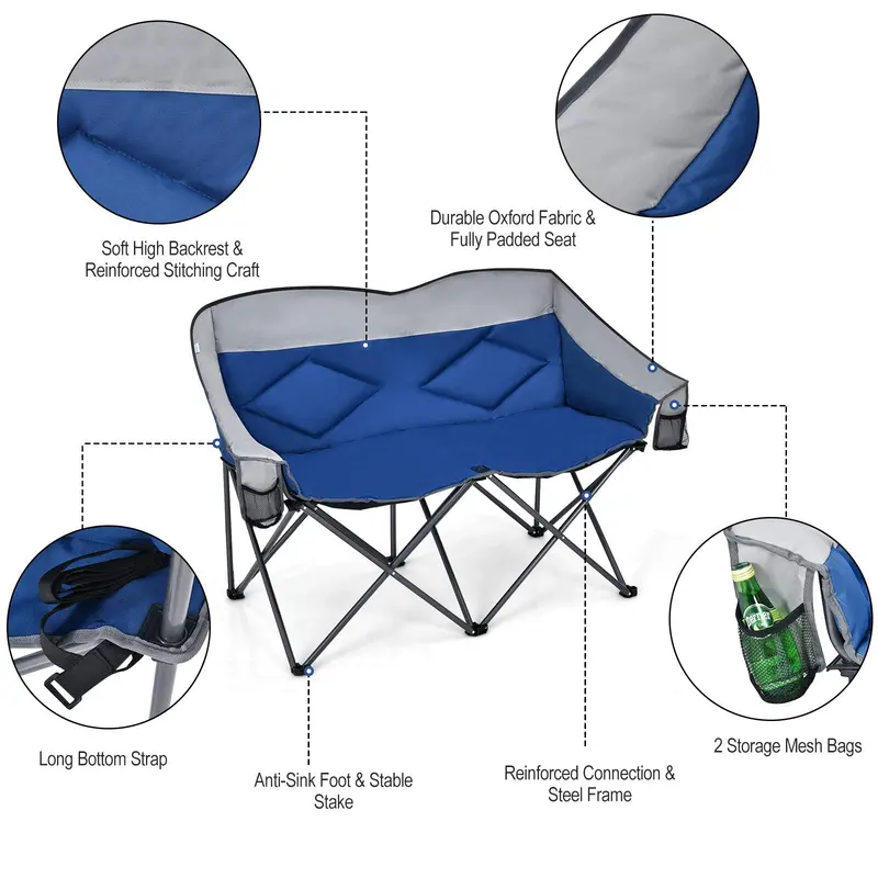 Couples Folding Loveseat Chair – Double-Seater Camping Chair with Padded High Back and Carry Storage Bags