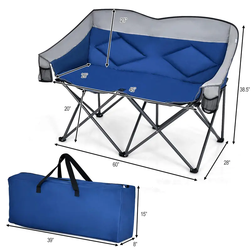 Couples Folding Loveseat Chair – Double-Seater Camping Chair with Padded High Back and Carry Storage Bags