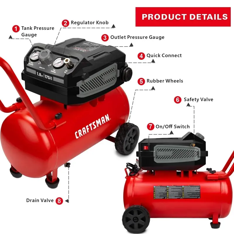 CRAFTSMAN HARD 10-Gallon Oil-Free Air Compressor – 1.8 HP, 175 PSI, 4.0 CFM @ 90 PSI, Portable Design with Oversized Wheels (Model CMXECXA0201041)