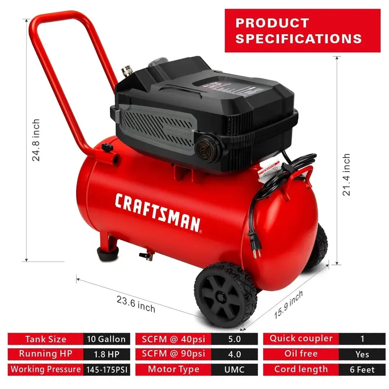 CRAFTSMAN HARD 10-Gallon Oil-Free Air Compressor – 1.8 HP, 175 PSI, 4.0 CFM @ 90 PSI, Portable Design with Oversized Wheels (Model CMXECXA0201041)