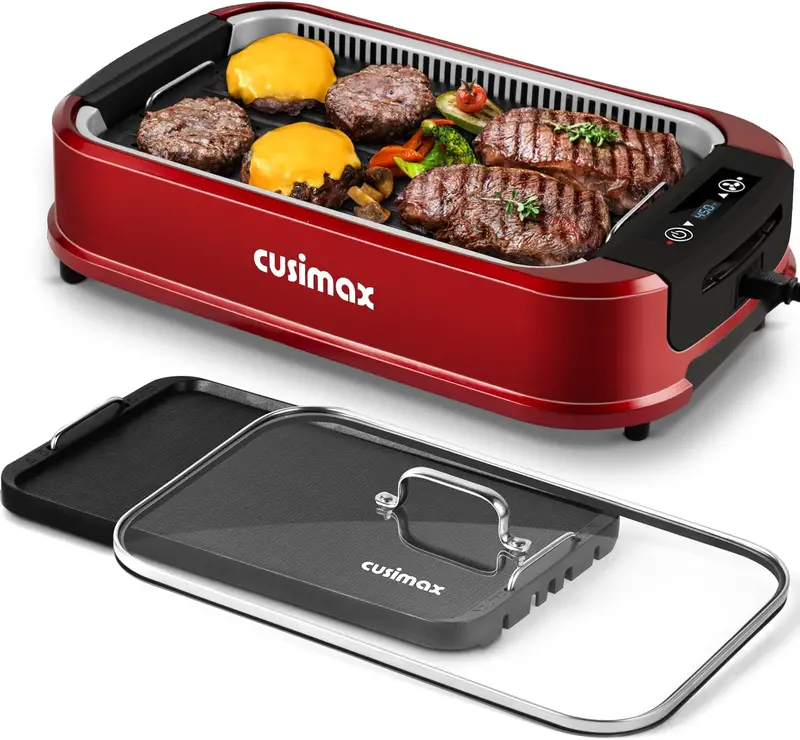 CUSIMAX Smokeless Indoor Grill – Turbo Smoke Extractor, Tempered Glass Lid, Single Non-Stick Plate