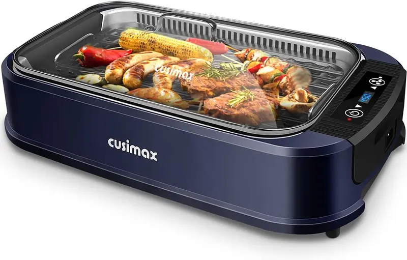 CUSIMAX Smokeless Indoor Grill – Turbo Smoke Extractor, Tempered Glass Lid, Single Non-Stick Plate
