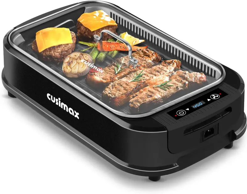 CUSIMAX Smokeless Indoor Grill – Turbo Smoke Extractor, Tempered Glass Lid, Single Non-Stick Plate