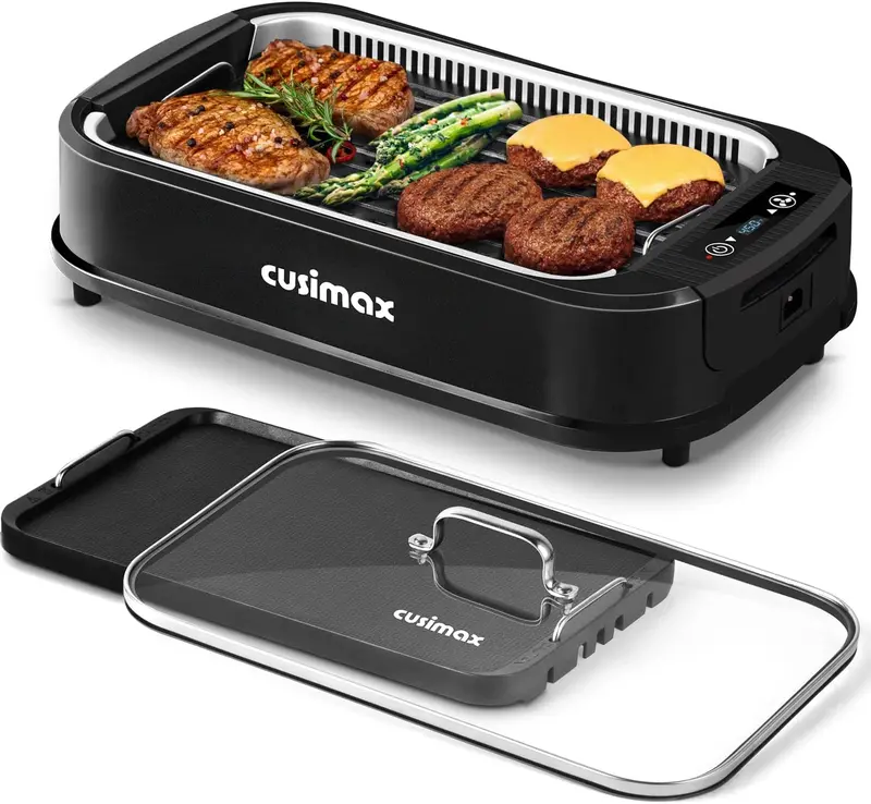 CUSIMAX Smokeless Indoor Grill – Turbo Smoke Extractor, Tempered Glass Lid, Single Non-Stick Plate