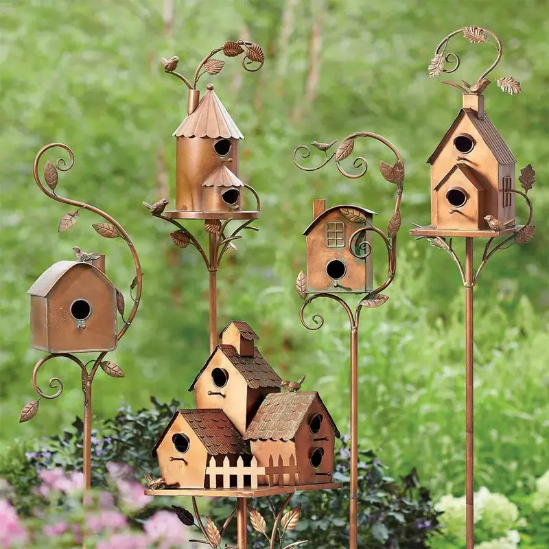 Decorative Birdhouse Garden Stake Set – Rustic Yard & Flower Bed Accent