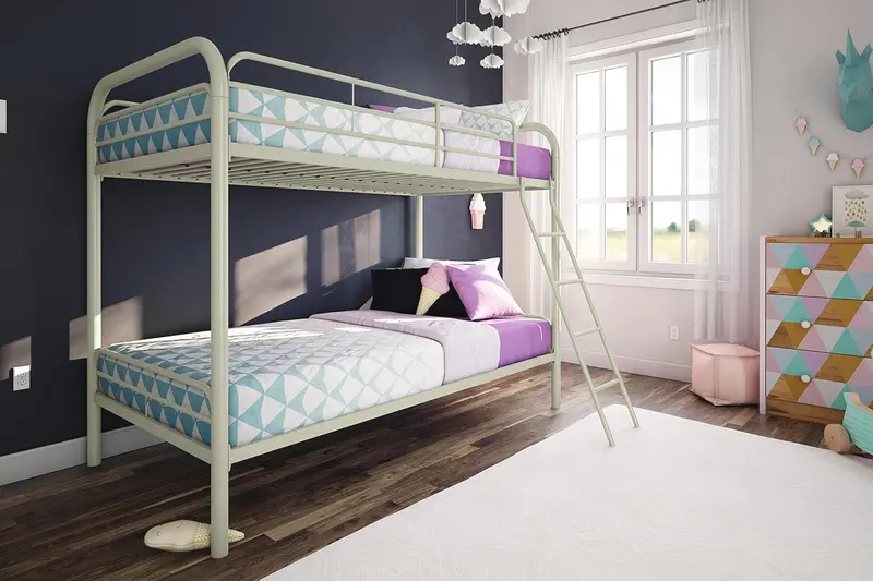 DHP Dusty Twin-Over-Full Metal Bunk Bed – Off-White Industrial-Style Frame with Safety Rails & Ladder