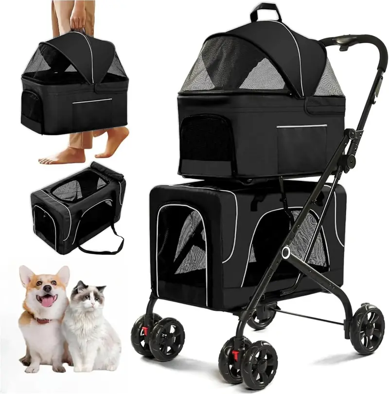 Double Dog Stroller – Foldable Two-Pet Carrier with Detachable Crates, Locking Wheels & Safety Harnesses 3