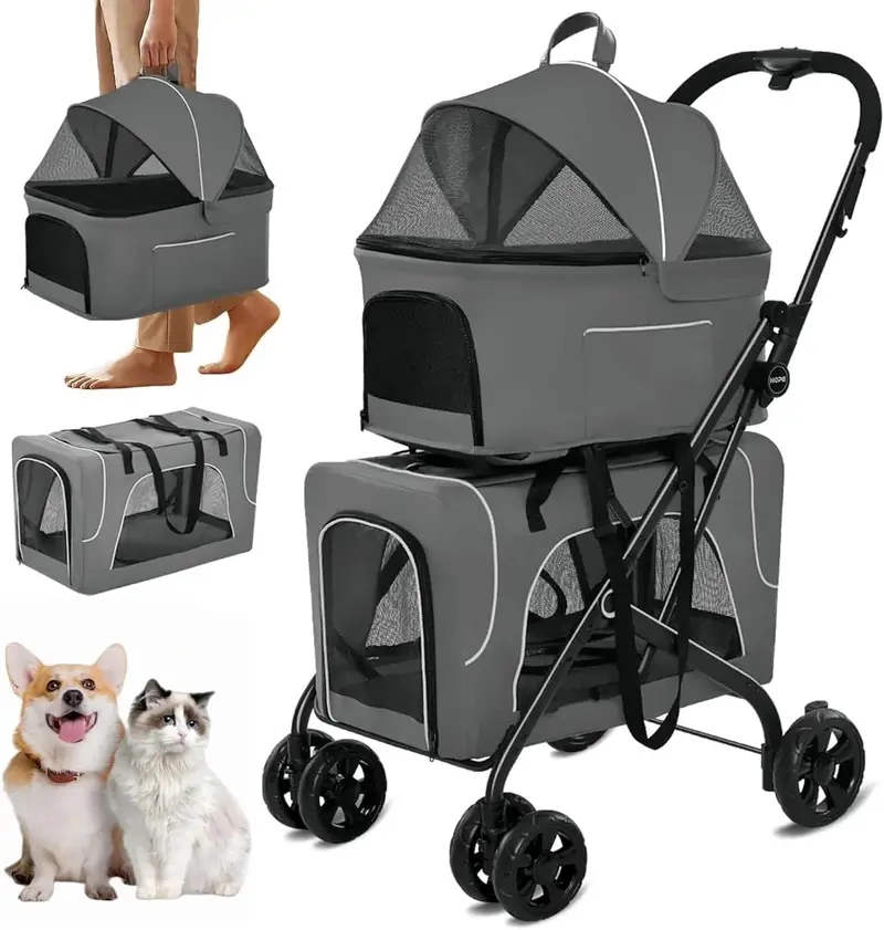Double Dog Stroller – Foldable Two-Pet Carrier with Detachable Crates, Locking Wheels & Safety Harnesses