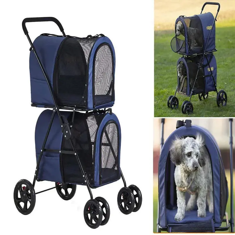 Double Pet Stroller – 42" All-Terrain Foldable Carrier with Suspension System for Two Dogs or Cats (Navy Blue)