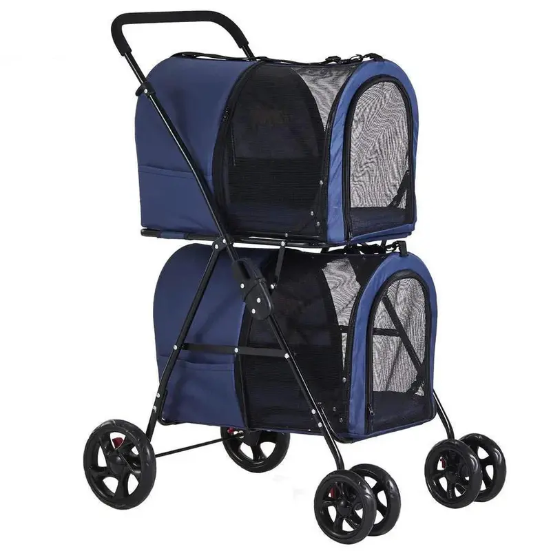 Double Pet Stroller – 42" All-Terrain Foldable Carrier with Suspension System for Two Dogs or Cats (Navy Blue)