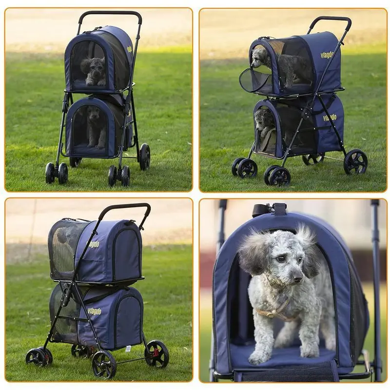 Double Pet Stroller – 42" All-Terrain Foldable Carrier with Suspension System for Two Dogs or Cats (Navy Blue)