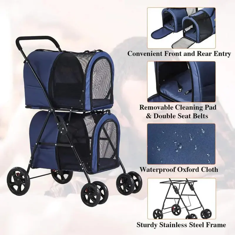 Double Pet Stroller – 42" All-Terrain Foldable Carrier with Suspension System for Two Dogs or Cats (Navy Blue)
