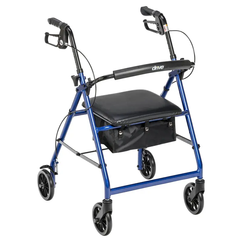 Drive Medical 4-Wheel Foldable Rollator Walker – Padded Seat and Backrest, 6-Inch Wheels, Lightweight Aluminum Frame (Blue)