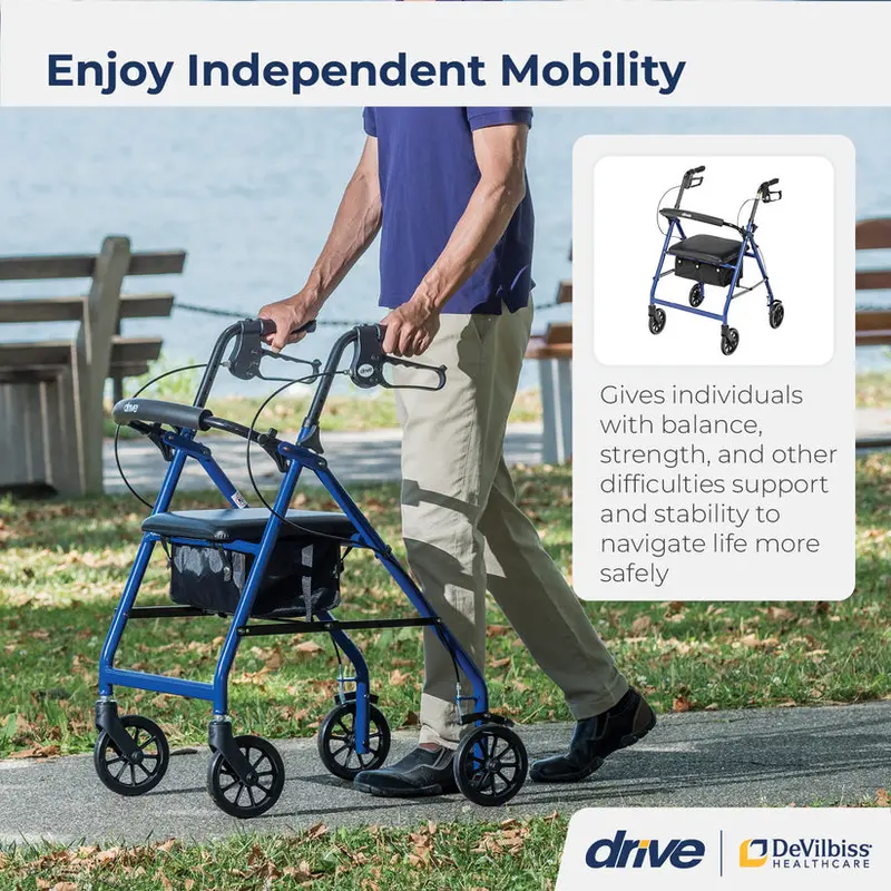Drive Medical 4-Wheel Foldable Rollator Walker – Padded Seat and Backrest, 6-Inch Wheels, Lightweight Aluminum Frame (Blue)