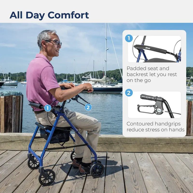 Drive Medical 4-Wheel Foldable Rollator Walker – Padded Seat and Backrest, 6-Inch Wheels, Lightweight Aluminum Frame (Blue)