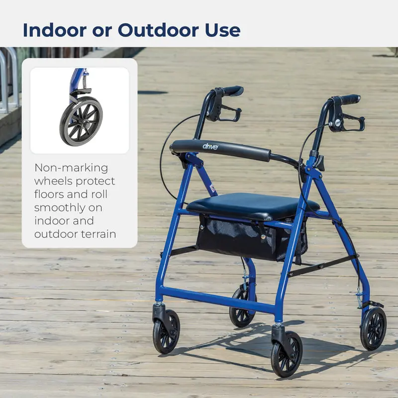 Drive Medical 4-Wheel Foldable Rollator Walker – Padded Seat and Backrest, 6-Inch Wheels, Lightweight Aluminum Frame (Blue)