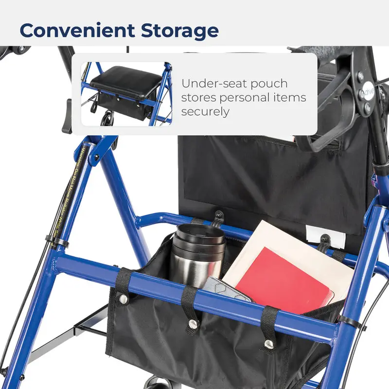 Drive Medical 4-Wheel Foldable Rollator Walker – Padded Seat and Backrest, 6-Inch Wheels, Lightweight Aluminum Frame (Blue)
