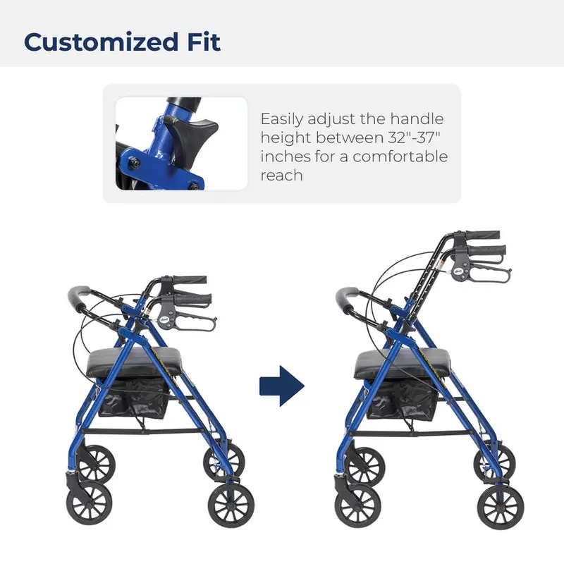 Drive Medical 4-Wheel Foldable Rollator Walker – Padded Seat and Backrest, 6-Inch Wheels, Lightweight Aluminum Frame (Blue)