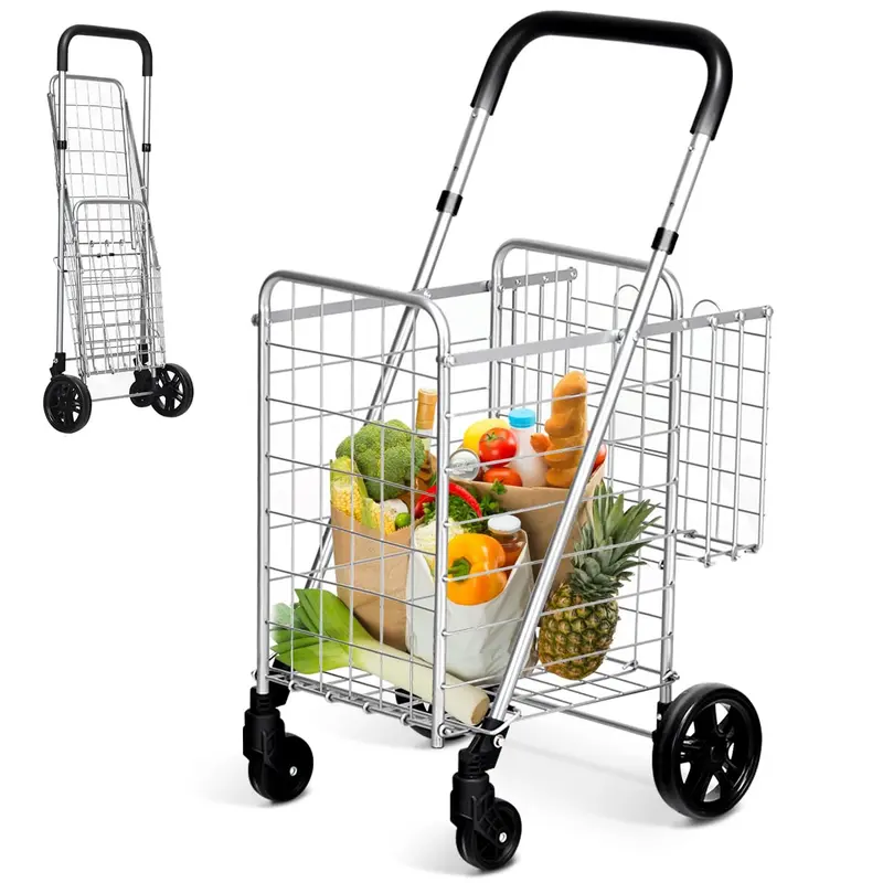 Dual-Basket Folding Utility Cart – Compact Shopping Trolley with 360° Swivel Wheels