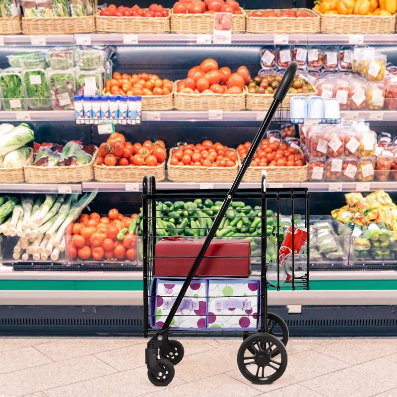 Dual-Basket Folding Utility Cart – Compact Shopping Trolley with 360° Swivel Wheels