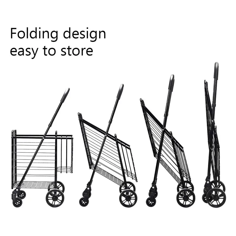 Dual-Basket Folding Utility Cart – Compact Shopping Trolley with 360° Swivel Wheels