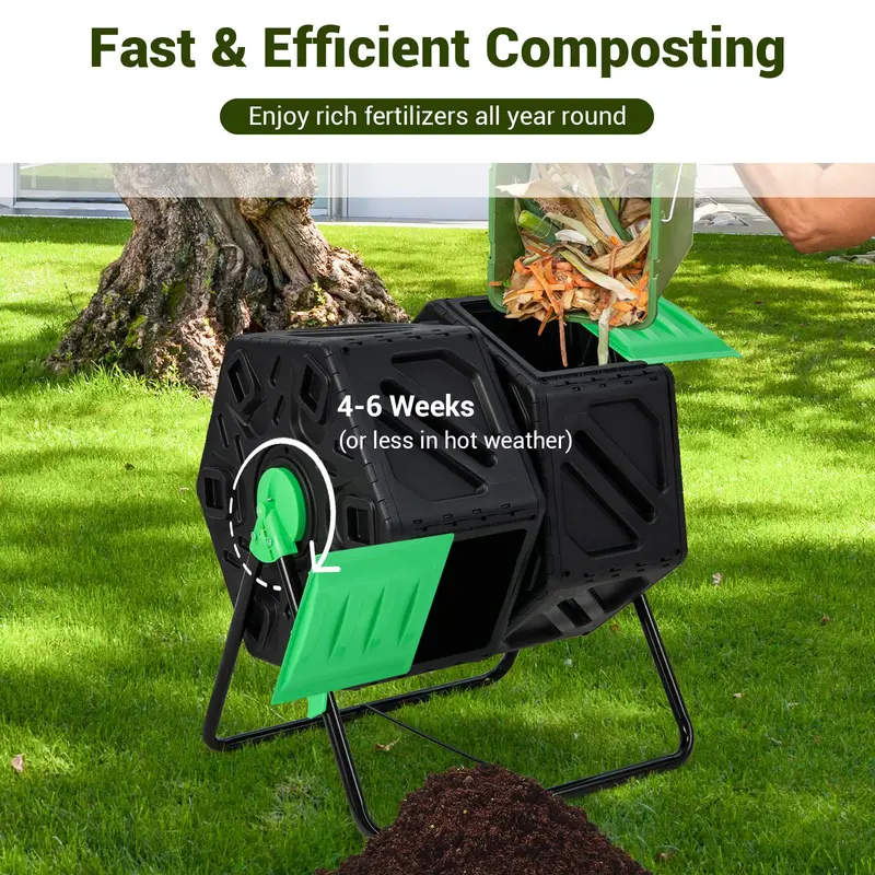 Dual-Chamber Compost Tumbler, 34.5-Gallon Rotating Bin with Independent Composting Compartments 2