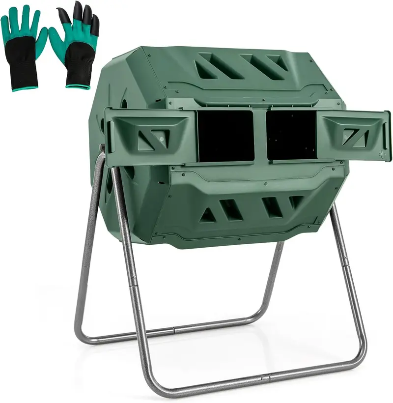 Dual-Chamber Compost Tumbler – 42-Gallon Rotating Bin with Sliding Doors & Reinforced Steel Frame