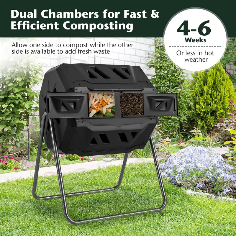 Dual-Chamber Compost Tumbler – 42-Gallon Rotating Bin with Sliding Doors & Reinforced Steel Frame