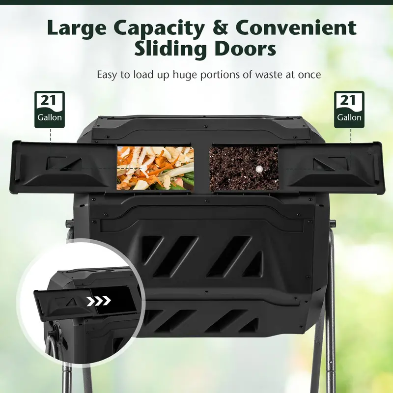 Dual-Chamber Compost Tumbler – 42-Gallon Rotating Bin with Sliding Doors & Reinforced Steel Frame