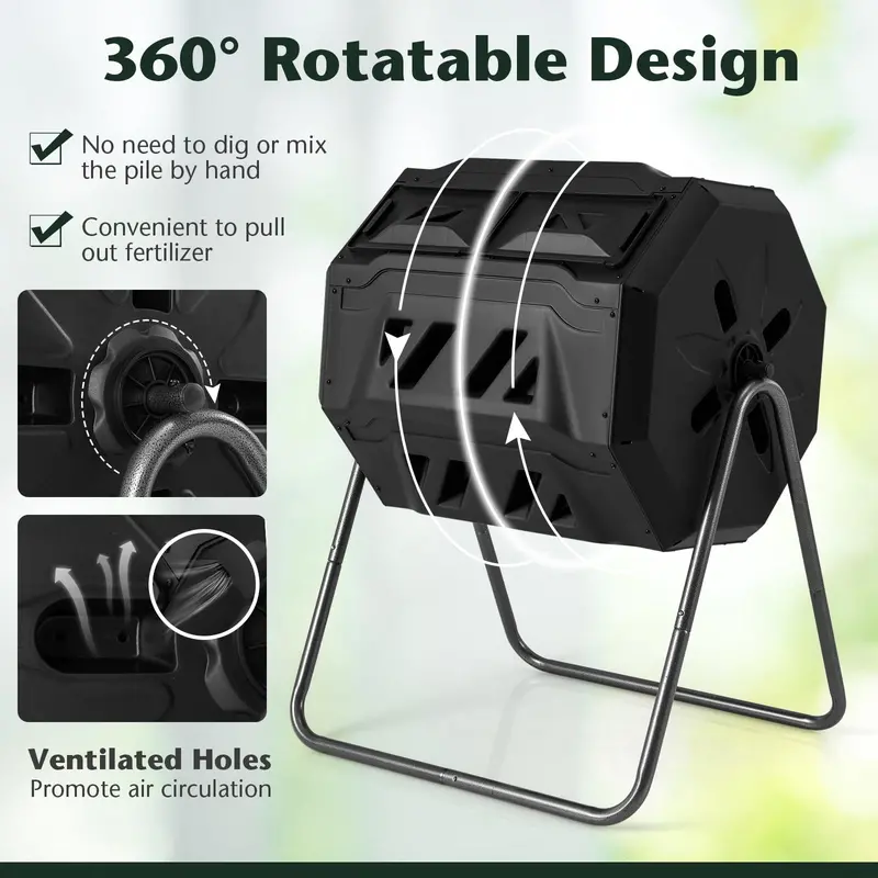 Dual-Chamber Compost Tumbler – 42-Gallon Rotating Bin with Sliding Doors & Reinforced Steel Frame