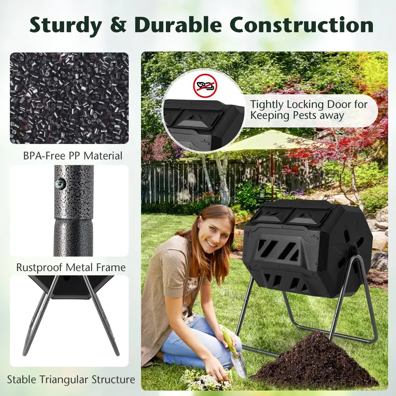 Dual-Chamber Compost Tumbler – 42-Gallon Rotating Bin with Sliding Doors & Reinforced Steel Frame