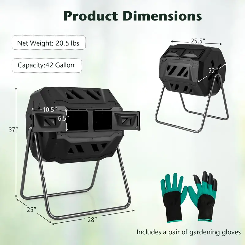 Dual-Chamber Compost Tumbler – 42-Gallon Rotating Bin with Sliding Doors & Reinforced Steel Frame