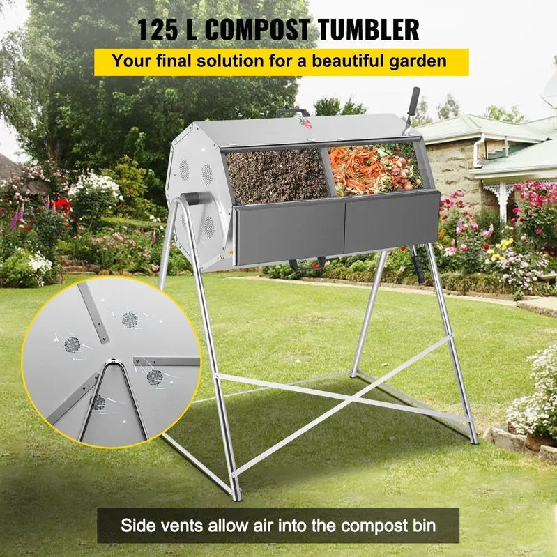 Dual-Chamber Rotating Steel Compost Tumbler – 33-Gallon Outdoor Bin