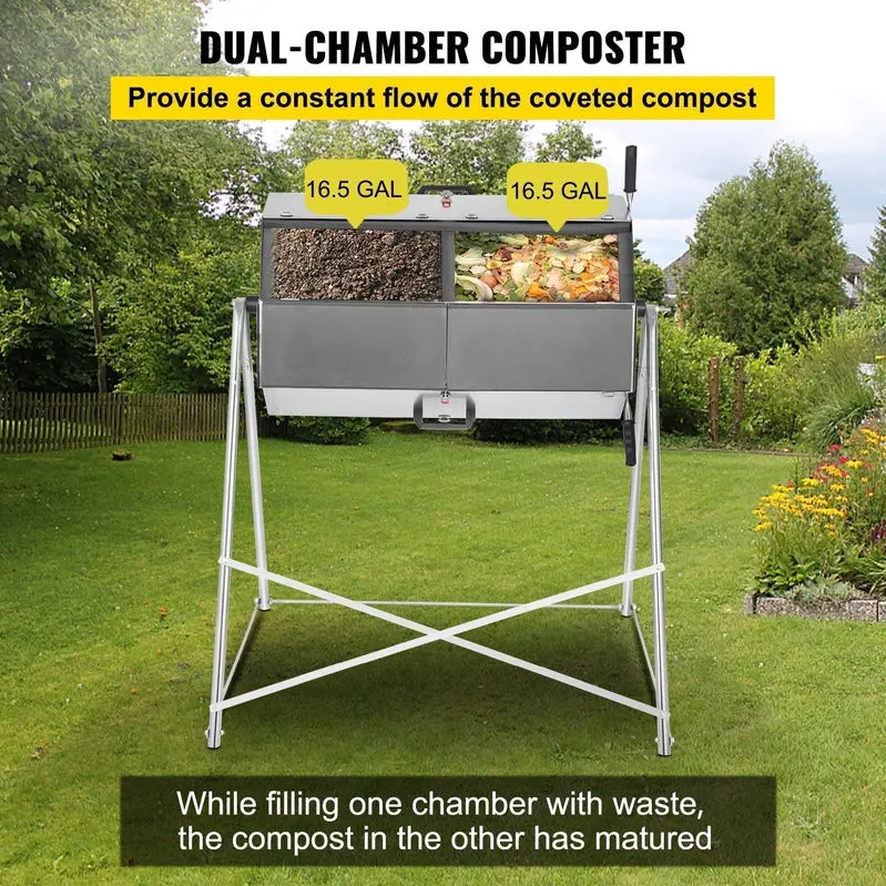 Dual-Chamber Rotating Steel Compost Tumbler – 33-Gallon Outdoor Bin