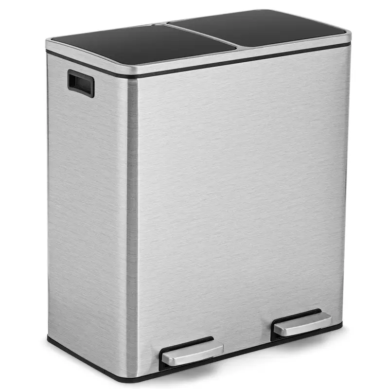 Dual-Compartment Stainless Steel Step Trash Can – 60-Liter (16-Gallon) Touch-Free Bin Set