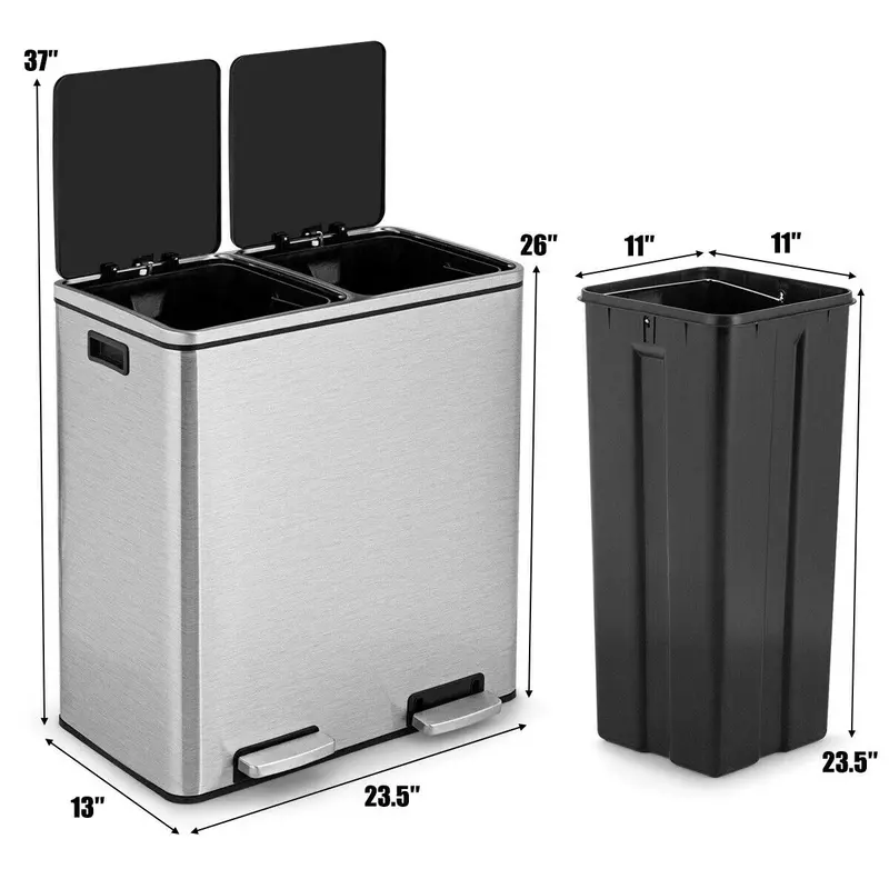 Dual-Compartment Stainless Steel Step Trash Can – 60-Liter (16-Gallon) Touch-Free Bin Set